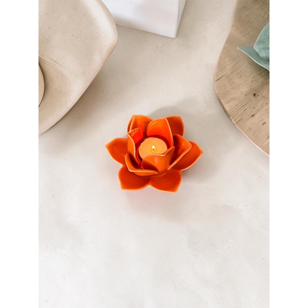 Vintage Avon Lotus Flower Candle Holder - Orange Ceramic Tea Light